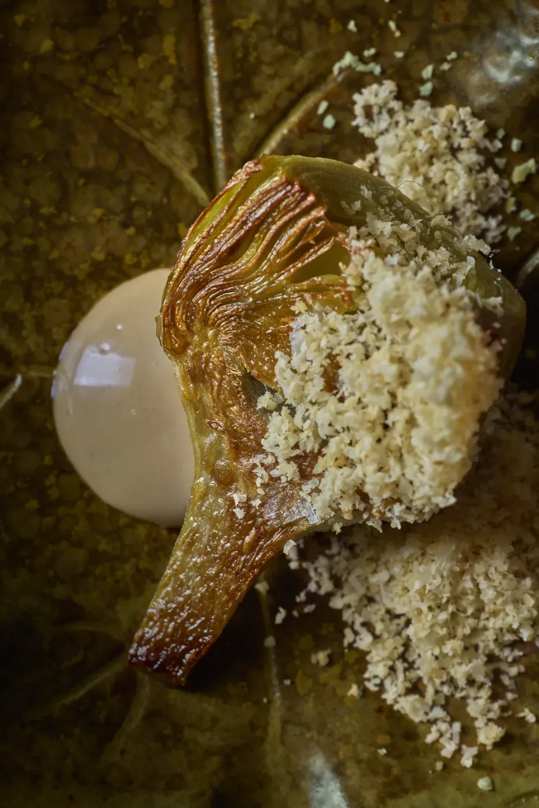 Media alcachofa asada junto a una esfera blanca y un rallado fino, servida sobre una hoja oscura