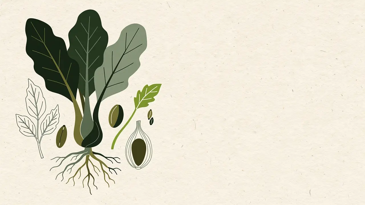 Ilustración botánica: una acelga con sus hojas y su raíz a la izquierda del encuadre, con semillas y el perfil de una cebolla partida, sobre papel