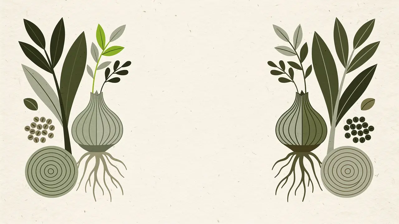 Ilustración botánica: dos grupos simétricos de cebollas con raíz, hojas y semillas enfrentados a un lado y otro del papel vacío